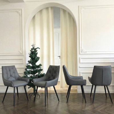 De 4 chaises de salle à manger grises foncées avec cuir PU, pieds en métal, mousse haute, dossier à boutons, imperméable et pour animaux de compagnie, coussins de pieds antidérapants, revêtement en cuir
