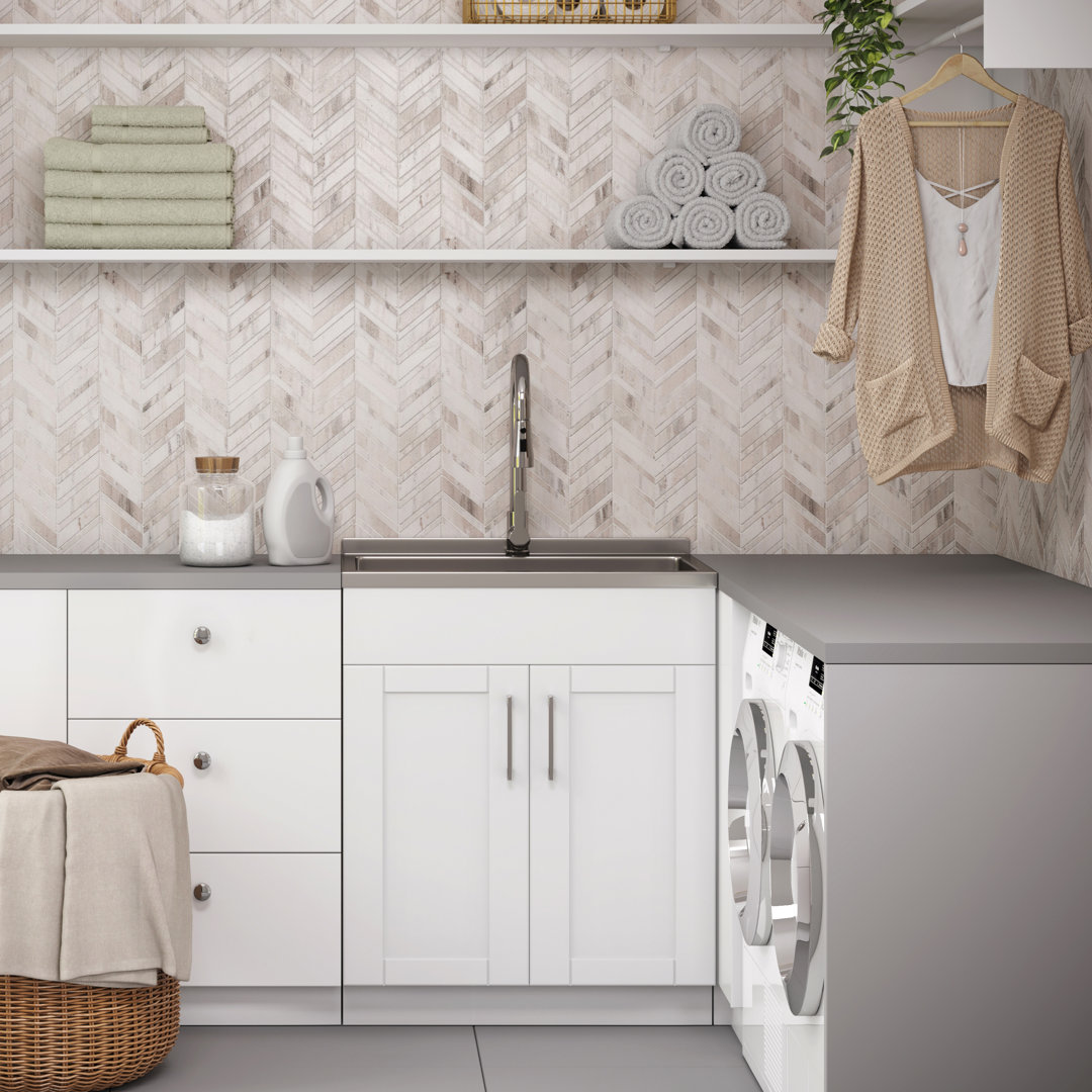 Modern Wide Shaker 28"W Utility Sink & Laundry Cabinet with Pull-Out Facet and Stainless Steel Sink, White Simpli Home