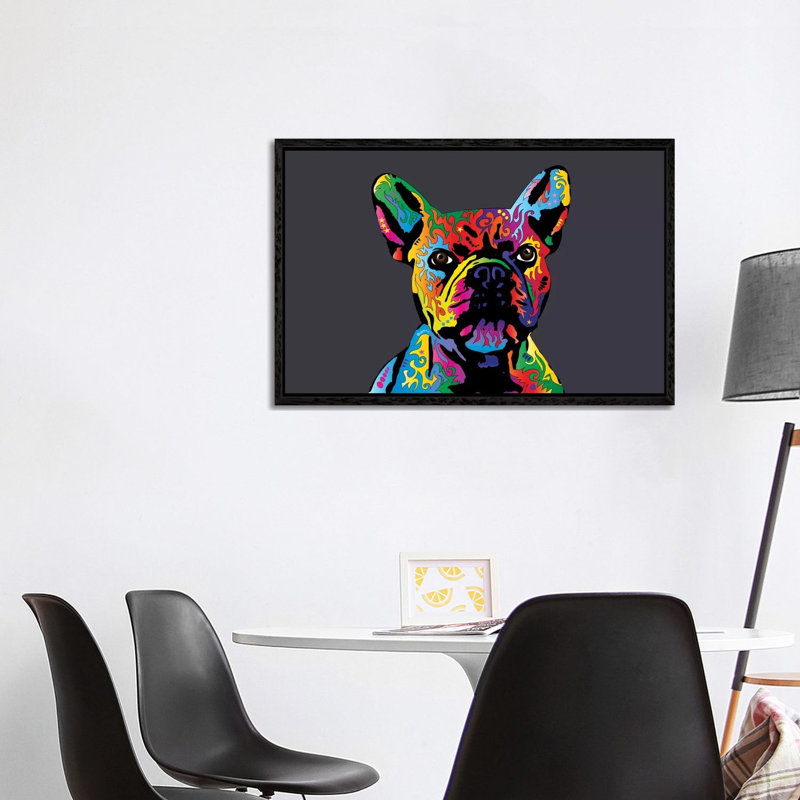 Rainbow French Bulldog On Grey by Michael Tompsett - Wrapped Canvas Print, 101.6 cm H x 66.04 cm W, Black Floater Framed