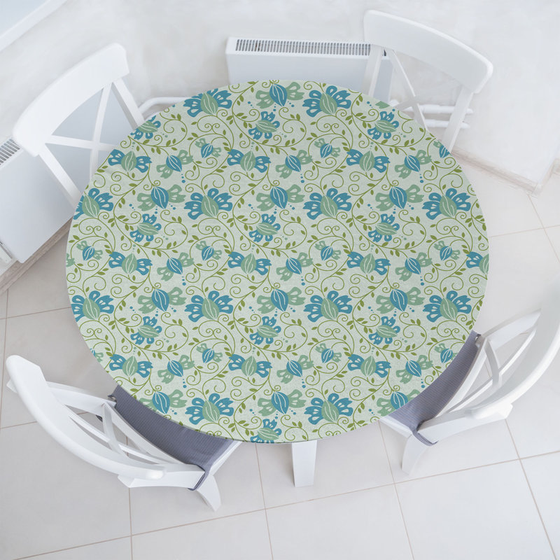 Ambesonne Floral Fitted Round Tablecloth Pale Seafoam Multicolor, 60" Round