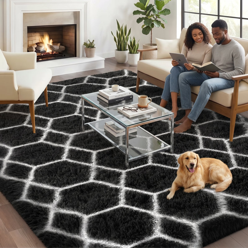 5X8 Ft Shag Geometric Area Rug Soft Fluffy For Living Room Bedroom，Black, Black, Rectangle 4'11" x 7'10"