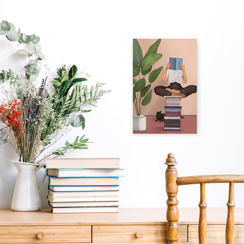 Cozy Reading Moment Peaceful Serene Contemporary Cat Plant Architecture Wall Art Print 1 Piece Wrapped Canvas Wall Art