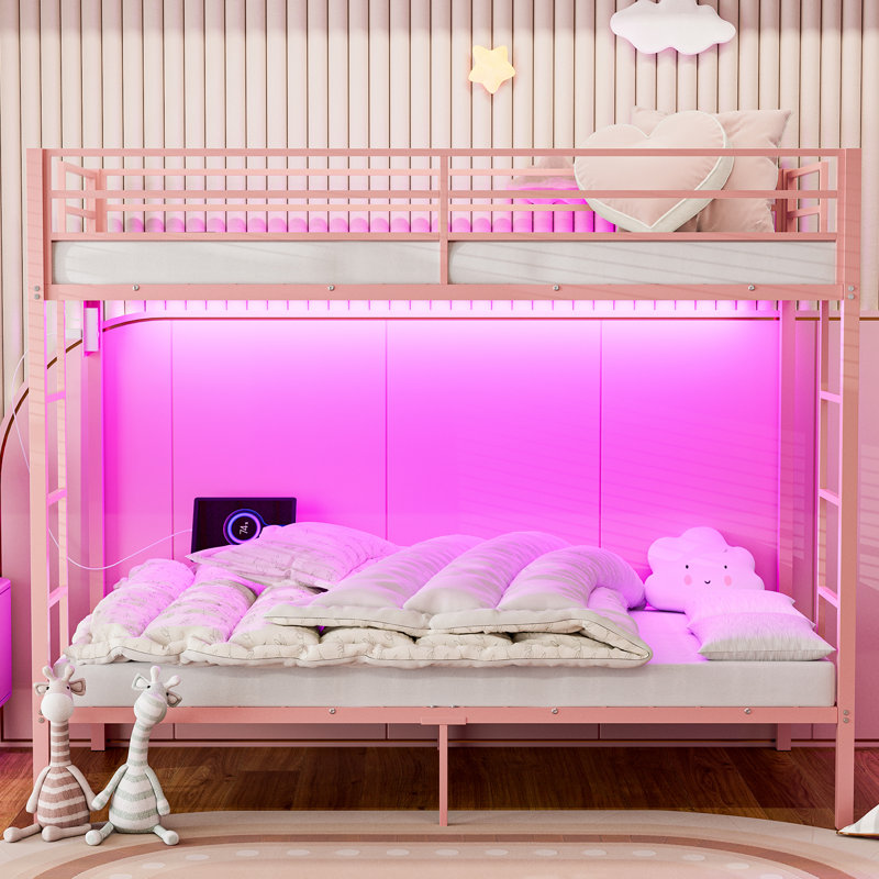 Lit plateforme en métal Alyda, Rose, Lit superposé simple TG sur simple TG