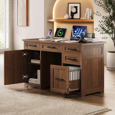55" Farmhouse Executive Desk with Charging Station & Power Outlet, Home Office Computer Desk with 5 Drawers and Cabinet, Rustic Wood Writing Study Table with File Drawer,