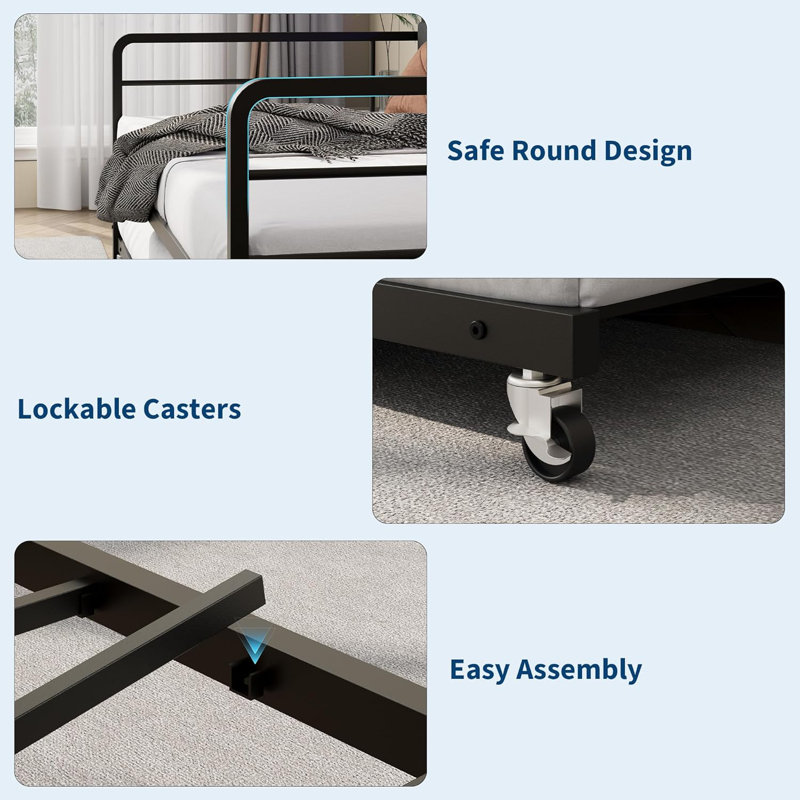 Daybed with Trundle & LED Light, Metal Twin Bed with Linen Headboard, Charging Station, Black, Black