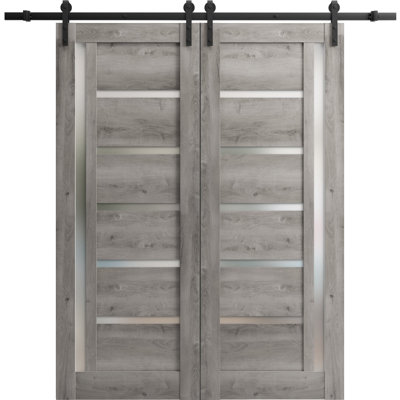 Porte de grange double robuste avec vitrage dépoli Quadro 4088 Gris Nebraska, supports de rail de 13 pi, portes intérieures à panneaux pleins et lourds - 36 po x 80 po (2 x 18 x 80 po) - Rail noir