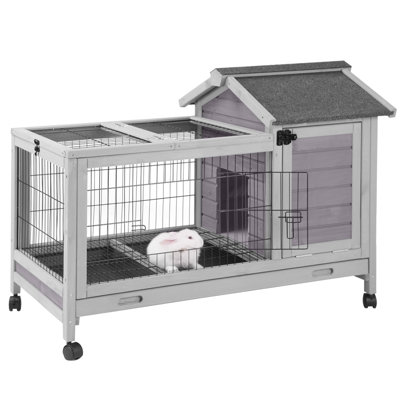 Wooden Rabbit Hutch Indoor And Outdoor, Rabbit Cage With Removable Wire Netting And Leak Proof Tray, Mobile Bunny Cage With Wheels