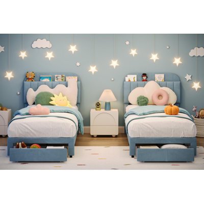 Set of 2 Twin Bed Frame for Kids – Upholstered Platform Bed with Large Storage Drawer & Bookcase Headboard, Velvet Upholstered, Noise-Free, Easy Assembly, No Box Spring Needed, Blue