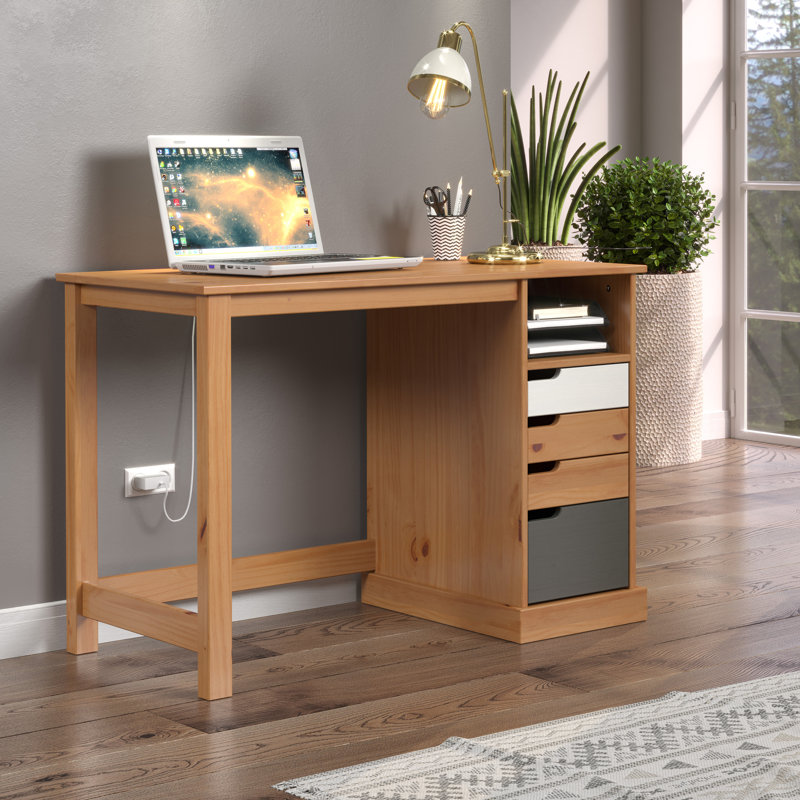 Brugos Solid Wood Writing Desk, Honey/White/Grey