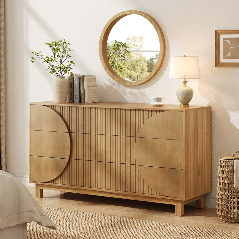 Commode cannelée moderne à 6 tiroirs avec pieds en bois massif et rangement multi-pièces, Brun