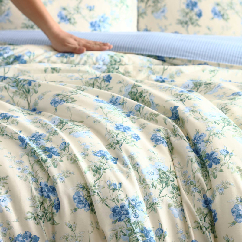 Laura Ashley Blossom Dance Cotton Reversible Blue Comforter Set, Blue Floral, Queen Comforter + 2 Standard Shams