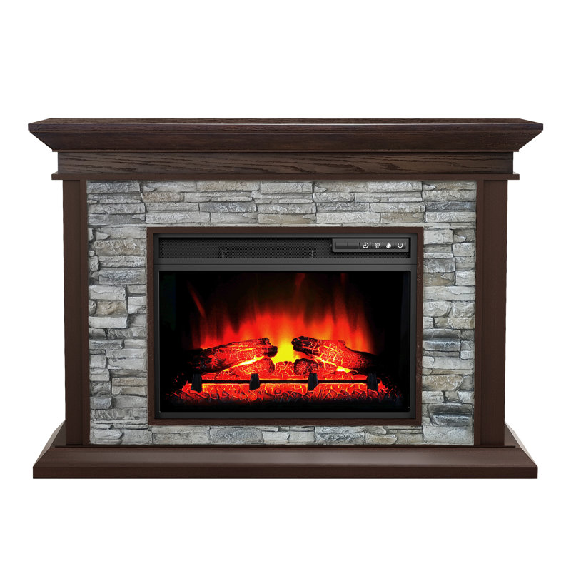 49'' No Assembly Electric Fireplace Mantel, Rustic Faux Stone Brick Fireplace Heater with Remote Control, 5 Flame Settings, 400 sq.ft Space Heater with Timer & Safety Overheat Protection