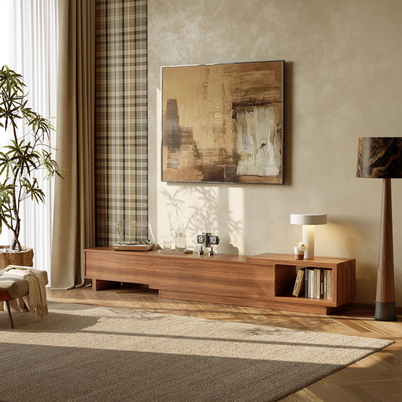 Meuble télé extensible 78,74 po à 102,3 po avec 3 tiroirs et façade texturée, Brun