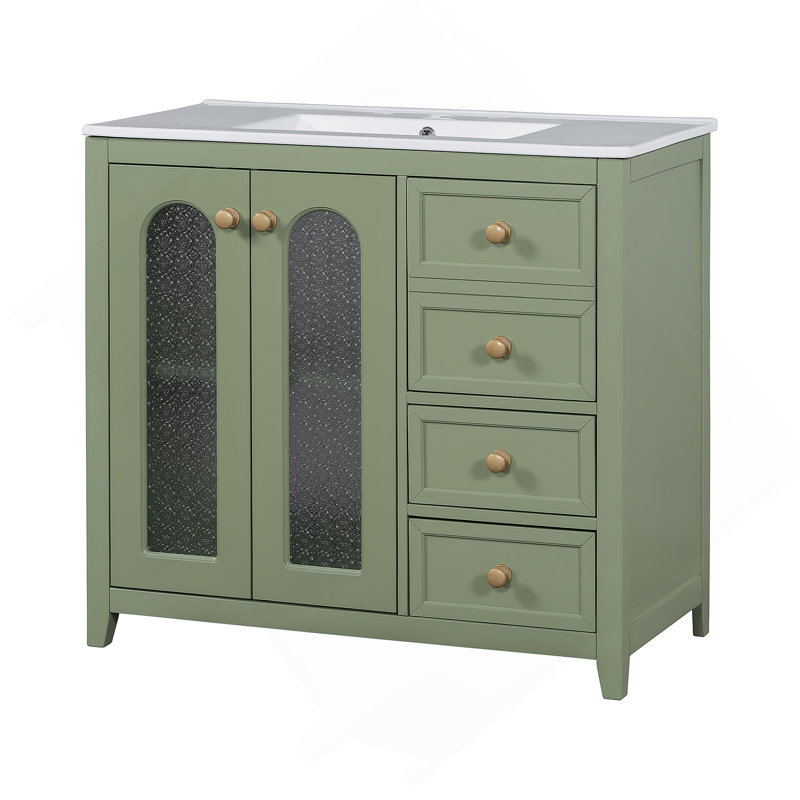 Meuble-lavabo de 36 pouces avec deux portes à fermeture douce, des tablettes réglables et trois tiroirs, Vert