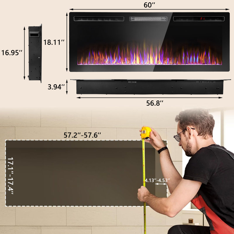 Alais Ultra-Thin Silence Linear Electric Fireplace, Recessed Wall Mounted Fireplace,12 Adjustable Flame Color & Speed,Touch Screen Remote Control with 8h Timer