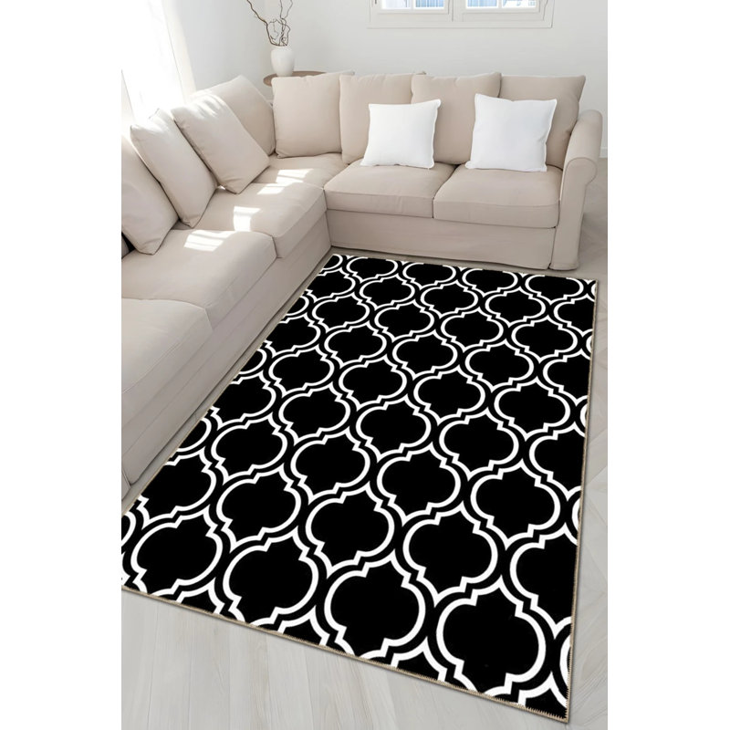 Tapis décoratif moderne à motif géométrique noir à motif géométrique, Rectangle 2 pi 4 po x 4 pi