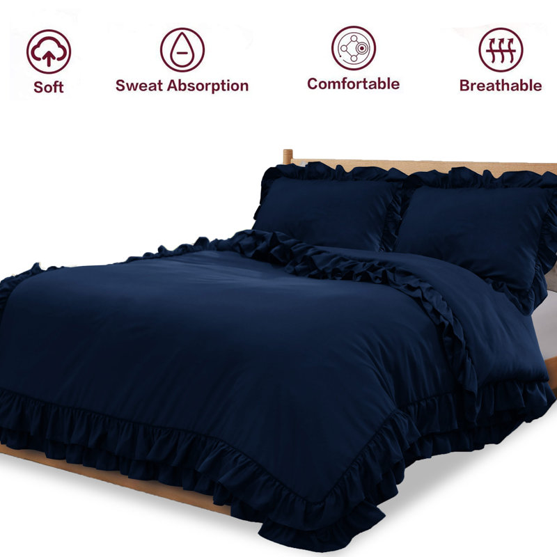 Jimi Microfiber Solid Colour Duvet Cover with Pillowcases, Navy, Kingsize