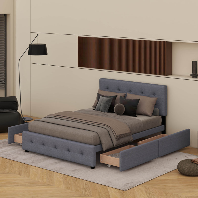 Grand lit plateforme tapissier avec tête de lit classique et tiroirs, Gris foncé