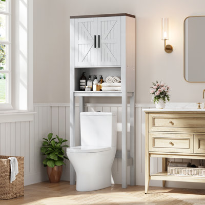 Over The Toilet Storage Cabinet with Adjustable Shelf and Double Doors, Bathroom Space Saver Organizer Above Toilet with Open Shelf, Taller Wooden Free Standing Toilet Rack