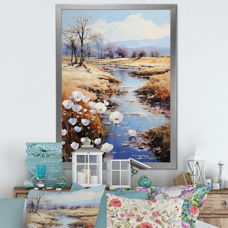 Countryside Small River Reverie, reproduction d'art sur toile encadrée, Cadre simple argenté, H 40 po x l 30 po x P 1,5 po
