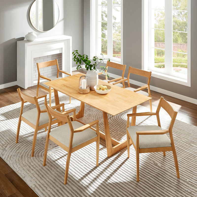 Solara 7-Piece Wood Dining Set With Fabric Upholstered Armchairs Heathered Weave Beige, Natural