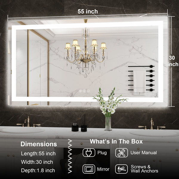 Dokes Frameless Anti-Fog LED Lighted Dimmable Wall Mounted Bathroom Vanity Mirror