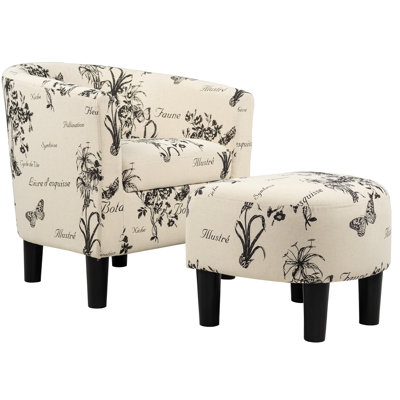 Beua 2Pc Accent Chair And Ottoman Set, White And Black Script Print