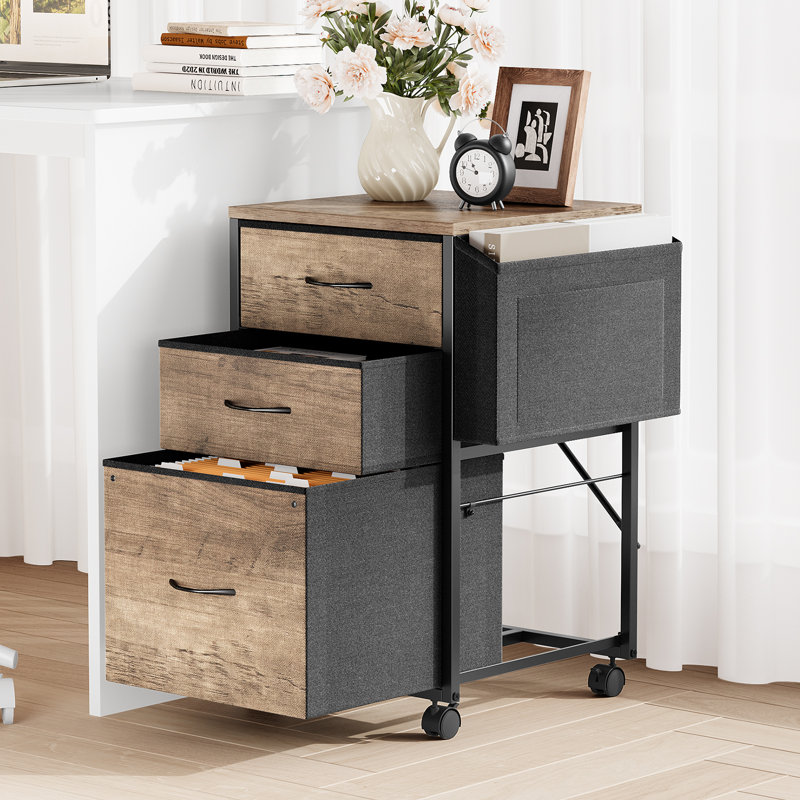 15 Inch Embossed Metal Framed Wooden File Cabinet With 3 Drawers And Wheels, Black/Washed Gray