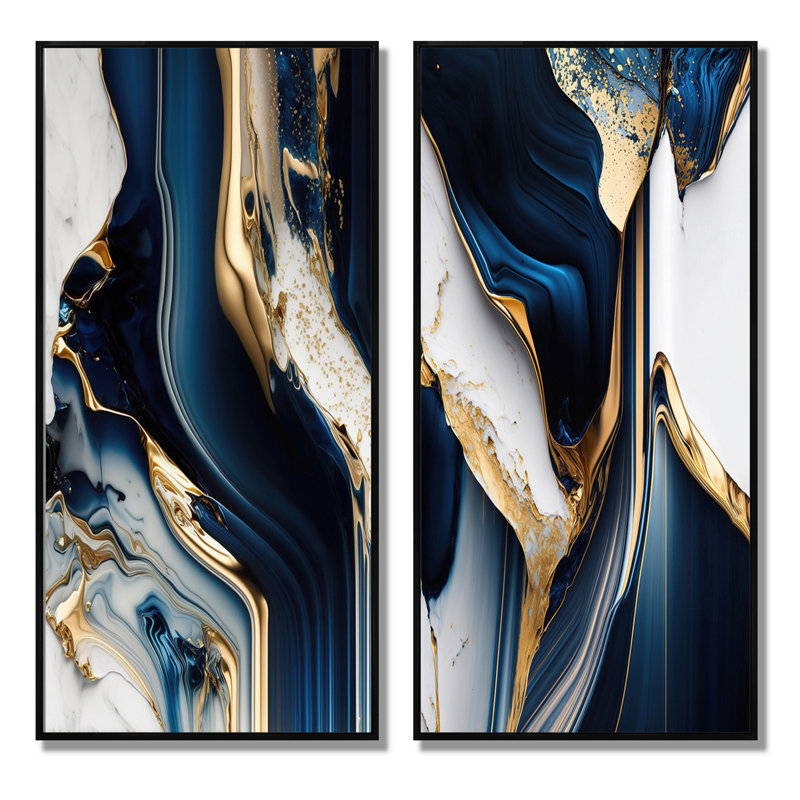 2 pièces sur toile - Géode abstraite des vagues - bleu, Cadre noir, H 32 po x l 32 po
