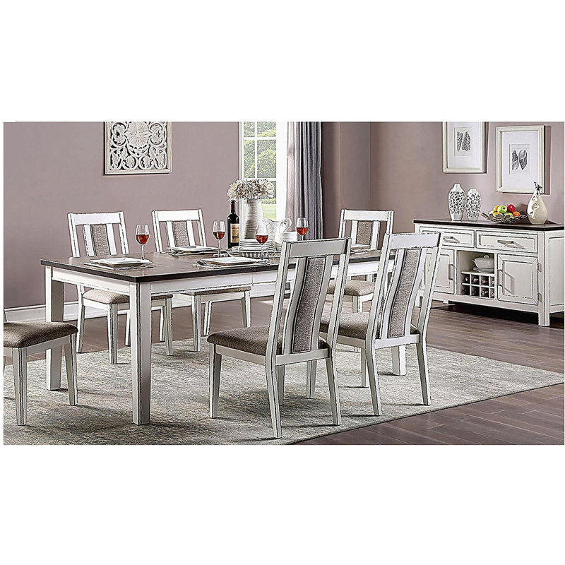 Ensemble de 2 chaises d'appoint classiques blanc vieilli / gris chaud, garniture de dossier unique, sièges en bois massif, sièges en tissu, mobilier de cuisine