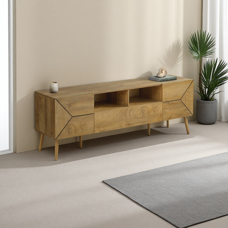 Meuble télé, console, meuble multimédia, tiroir de rangement, stratifié, Mid-Century, moderne