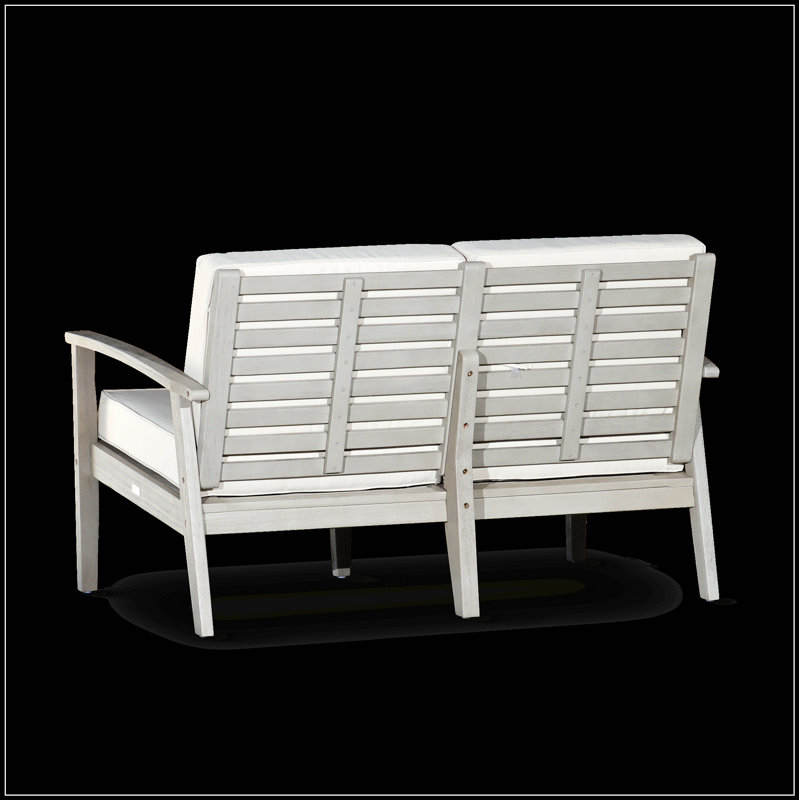 Causeuse d'extérieur en eucalyptus avec assise profonde et coussins bourgogne durables pour une détente confortable