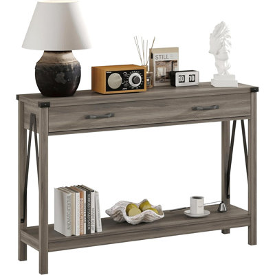 Farmhouse Console Table with Drawer and Storage Shelf, Rustic Entryway Sofa Table, Brown
