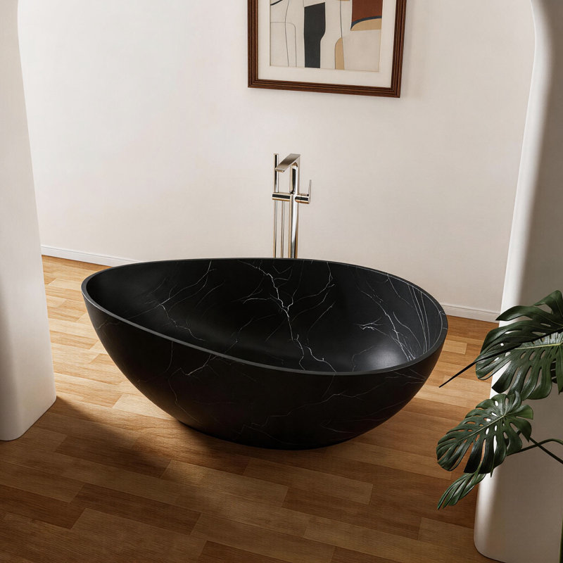 Baignoire de trempage autoportante en forme de vague de 63 po, finition veinée en marbre noir audacieux, baignoire sculpturale moderne TL1030-63BT