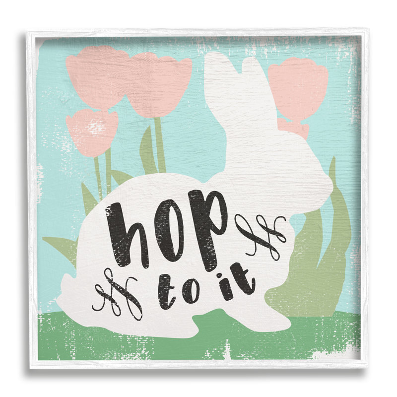 «Hop To It», phrase de lapin de Pâques, tulipes printanières noires, estampe numérique de Daphne Polselli, H 24 po x l 24 po