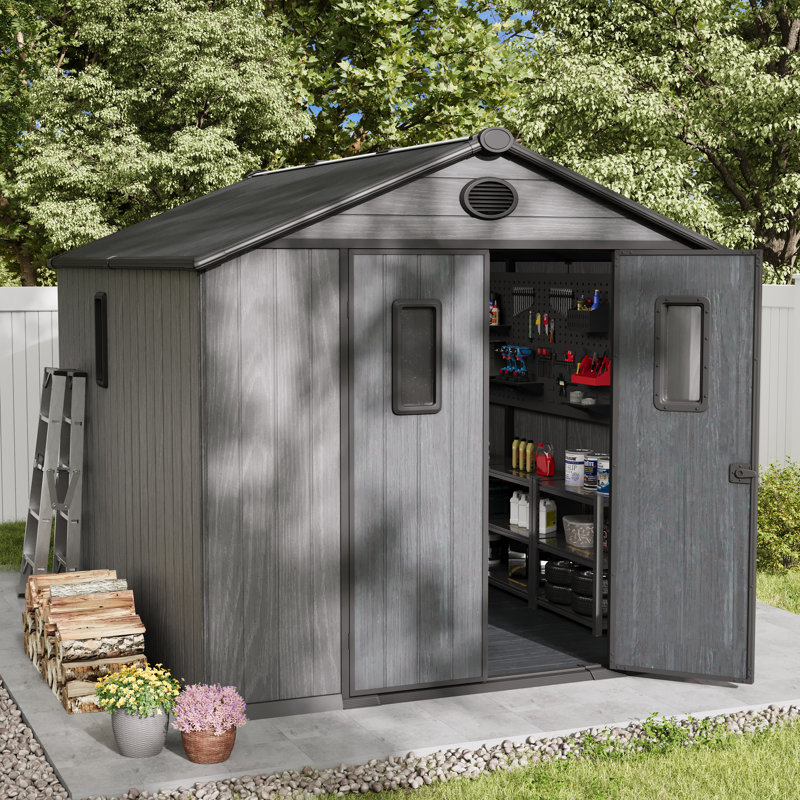 Outdoor Storage Tool Shed With Door And Floor, Plastic Outdoor Storage Shed With Steel Frame, Grey, Gray, 8'*10'