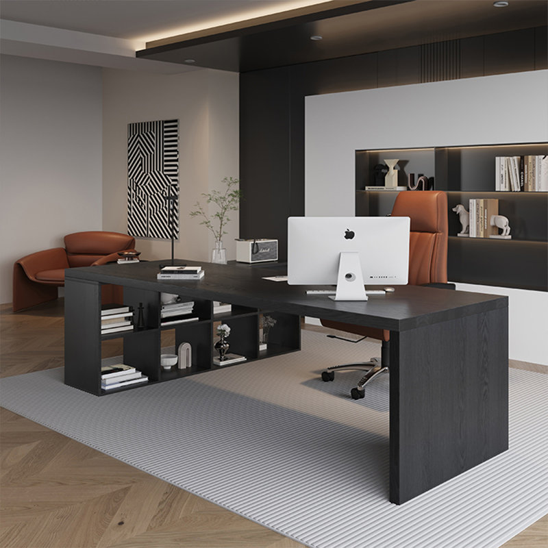 Bureau de direction en bois massif noir en L, H 29,53 po x l 62,99 po x P 55,12 po, Retour à droite