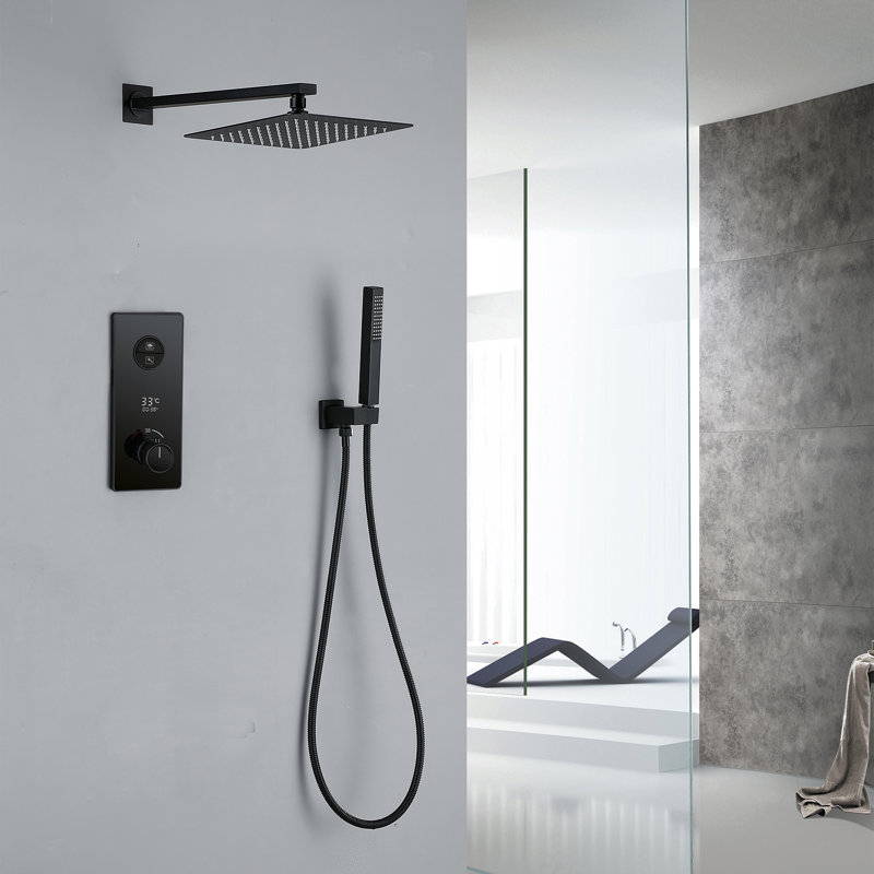 Système de douche mural complet thermostatique avec valve brute, Noir mat, Bouton