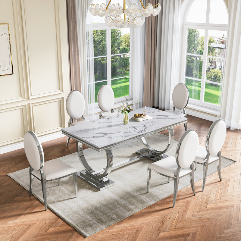 Modern Dining Room Set, Faux Marble Tabletop Kitchen Dining Table Set With Upholstered Chairs, White/Silver, White/Silver