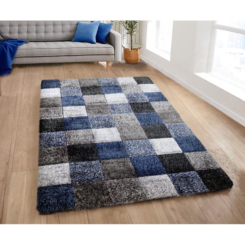 Shaggy Blocks High Pile Rug - Navy, Rectangle 60 x 110 cm