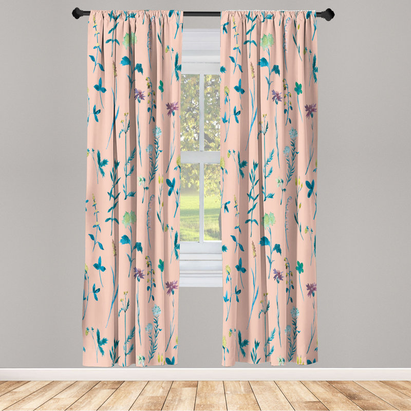 Microfiber Floral Semi-Sheer Rod Pocket Curtain Panels, 28" W x 63" L, Orange Pastel/Blue