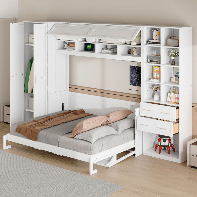 Grand lit escamotable mural avec placard, tiroirs et tablettes, Blanc