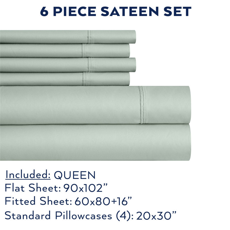 adamstown 1500 Thread Count 6 Piece Premium Cotton Rich Sateen Sheet Set, 4 Pillow Cases, 1 Fitted Sheet, 1 Flat Sheet, Fits Mattresses up to 16” Deep, Queen Size, Sage Green