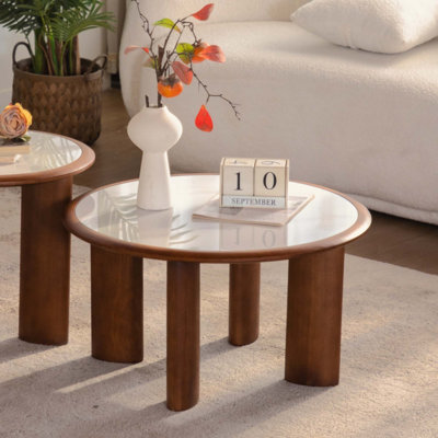 Table basse ronde en pierre frittée avec rebord en bois massif, table de cocktail minimaliste moderne en bois aggloméré avec pieds cylindriques en placage de bois