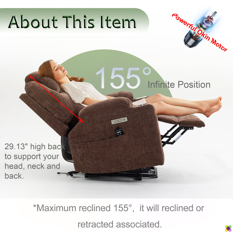 Annettia 35.43" W Power Recliner, Liftable, Massage, Heater, Cup Holder, Brown Chenille