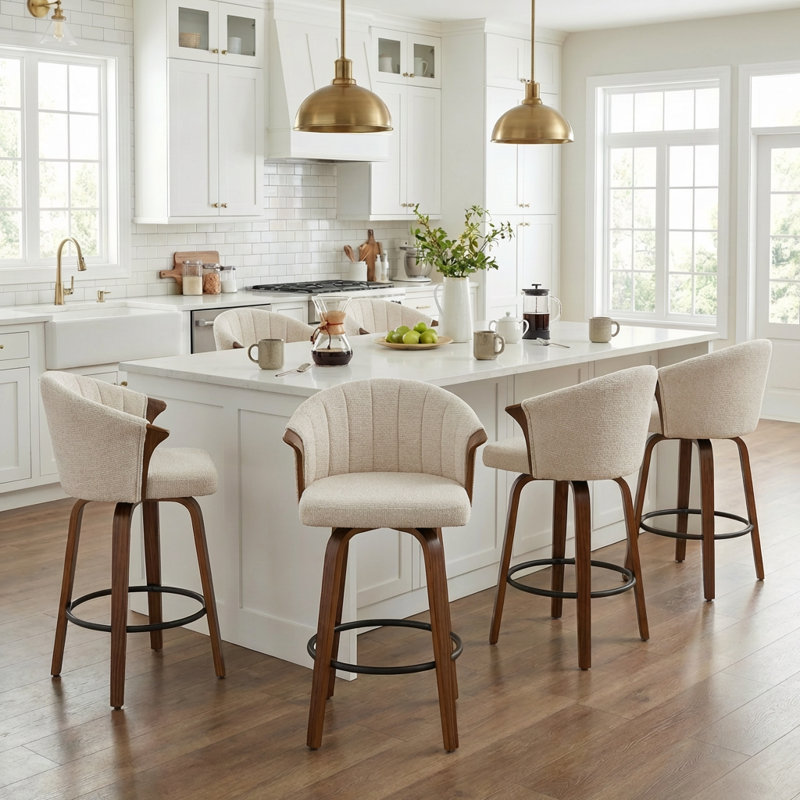 Tabouret de comptoir pivotant rembourré avec structure en bois Devault, Beige