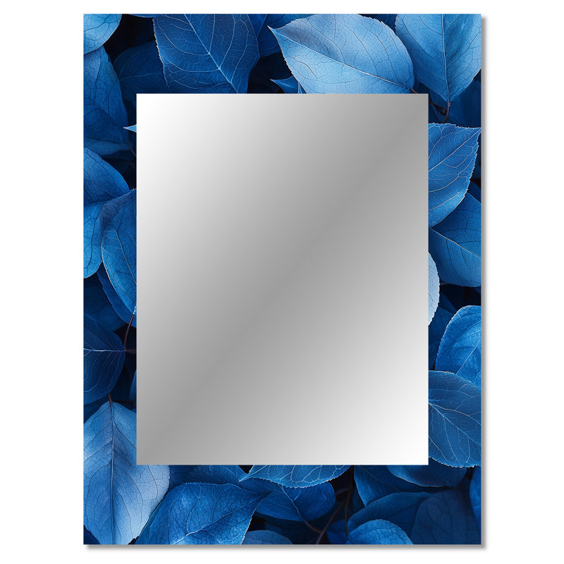 Midnight Blue Leaves Tranquility III - décor de miroir mural unique de feuilles, grand miroir traditionnel, impression d'art en métal