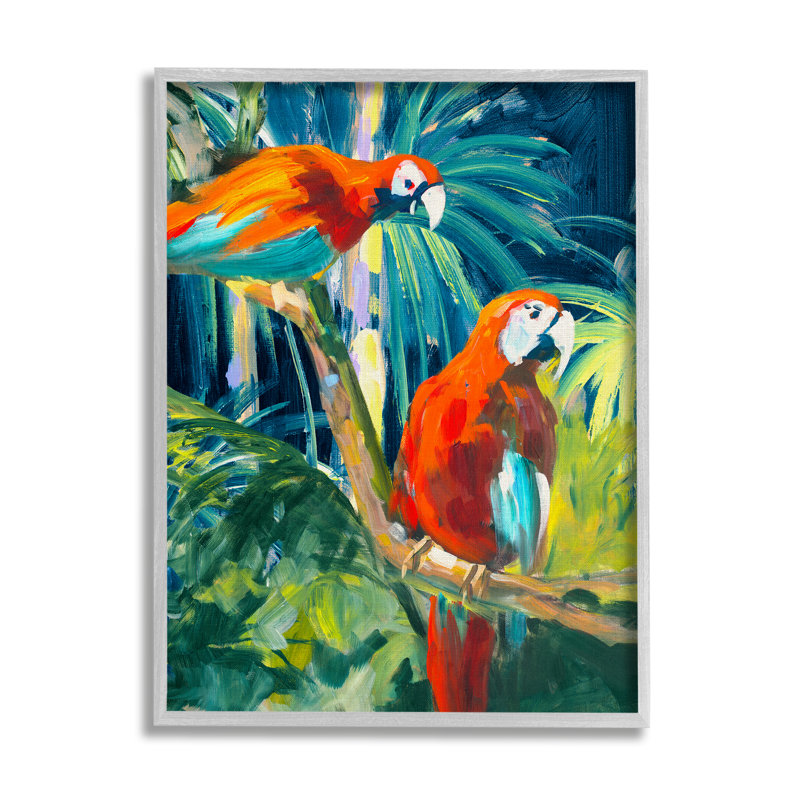 Peinture de perroquets tropicaux dans la jungle par Jane Slivka, H 14 po x l 11 po x P 1,5 po, Estampe numérique Farmhouse