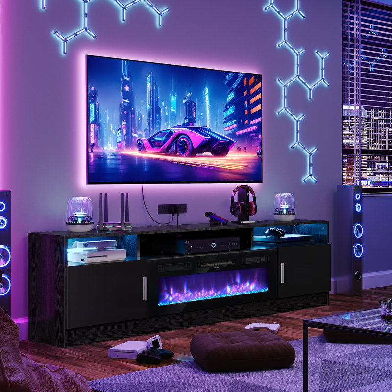 70" Gaming TV Stand for TVs up to 80", Media Console with Electric Fireplace and Large Storage Space, Black/Silver