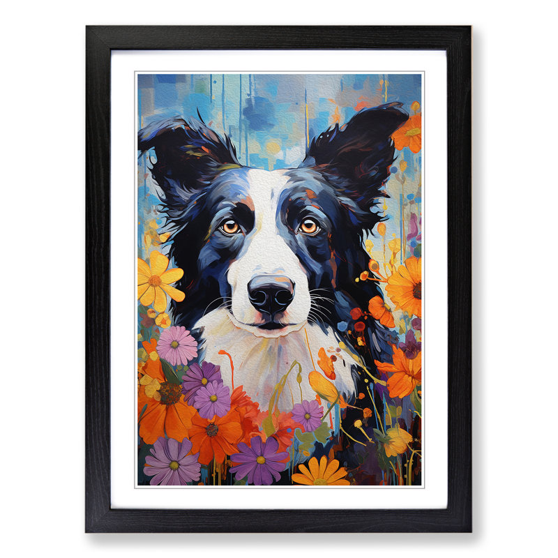 Border Collie Expressionism No.2 - Single Picture Frame Print on Wood, 64cm H x 46cm W x 2cm D, Black